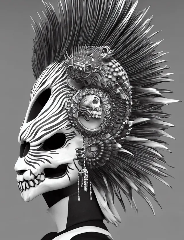 Image similar to 3 d goddess close - up profile simple portrait punk with mohawk with tiger skull. beautiful intricately detailed japanese crow kitsune mask and clasical japanese kimono. betta fish, jellyfish phoenix, bio luminescent, plasma, ice, water, wind, creature, artwork by tooth wu and wlop and beeple and greg rutkowski