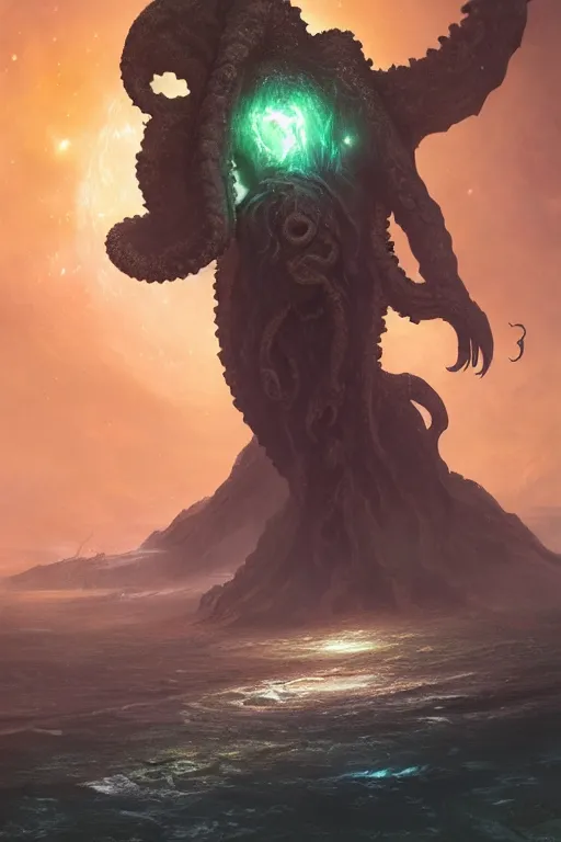 Image similar to cthulhu in space, looking at earth, larger than earth, huge, towering, gigantic, high octane, 8 k, digital art, magic the gathering, mtg, by greg rutkowski, trending on artstation