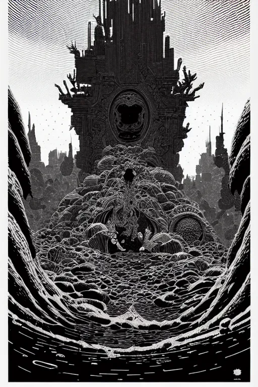 Image similar to underworld throne by nicolas delort, moebius, victo ngai, josan gonzalez, kilian eng