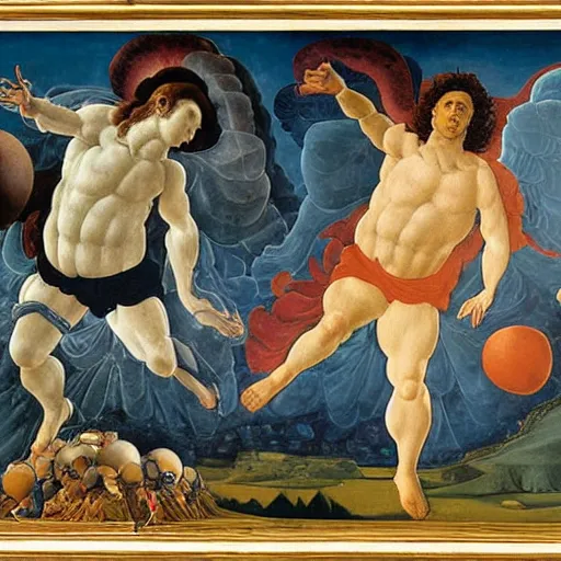 Image similar to painting of pele and maradona in heaven with a football ball, very detailled, by botticelli