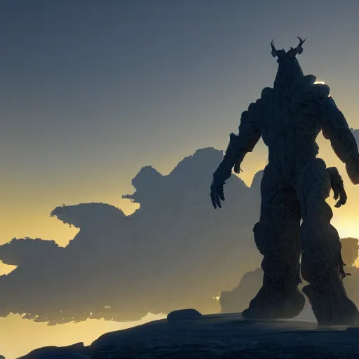 Prompt: a huge shadow creature towering over the town dramatic sunset lighting, artstation, 8k unreal engine