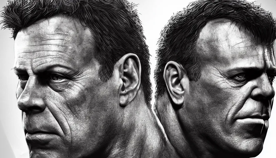 Prompt: bruce willis is hulk, hyperdetailed, artstation, cgsociety, 8 k