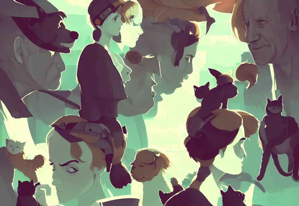 Image similar to joe biden and emma watson with cat ears, epic debates, presidental elections candidates, cnn, fox news, fantasy, by atey ghailan, by greg rutkowski, by greg tocchini, by james gilleard, by joe gb fenton, dynamic lighting, gradient light green, brown, blonde cream, salad and white colors in scheme, grunge aesthetic