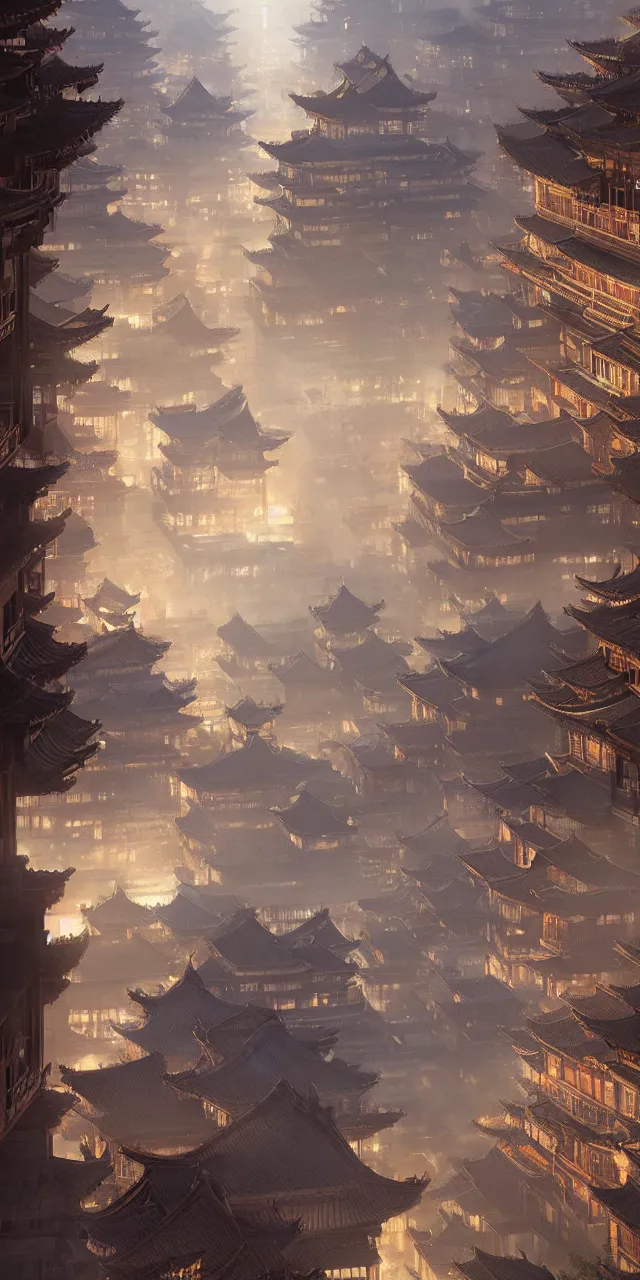 Image similar to a beautiful painting of a ancient big city of china, light effect, unreal engine, super wide angle, by greg rutkowski and yuumei and yanjun chen, trending on artstation