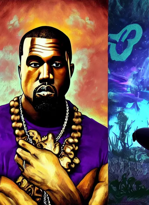 Prompt: portrait of kanye west stars in the sky fairies with detailed faces enchanted forest mushrooms on the ground psychedelic wide angle shot white background vector art illustration gears of war illustration gta 5 artwork of kanye west, in the style of gta 5 loading screen, by stephen bliss by hieronymus bosch and frank frazetta