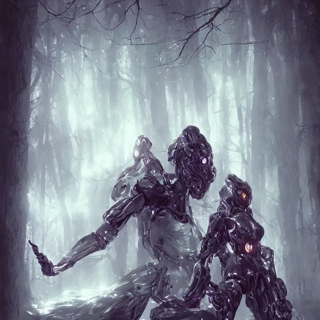 Prompt: portrait of a sci - fi humanoid robot surrounded with floating magical runes, standing in a dark forest, artgerm, trending on artstation, warframe