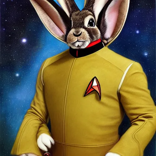 Prompt: a portrait of a rabbit in a starfleet uniform star trek chief engineer. zootopia fursona furaffinity furry art detailed face highly detailed painting by gaston bussiere craig mullins jc leyendecker gustav klimt artgerm greg rutkowski furry