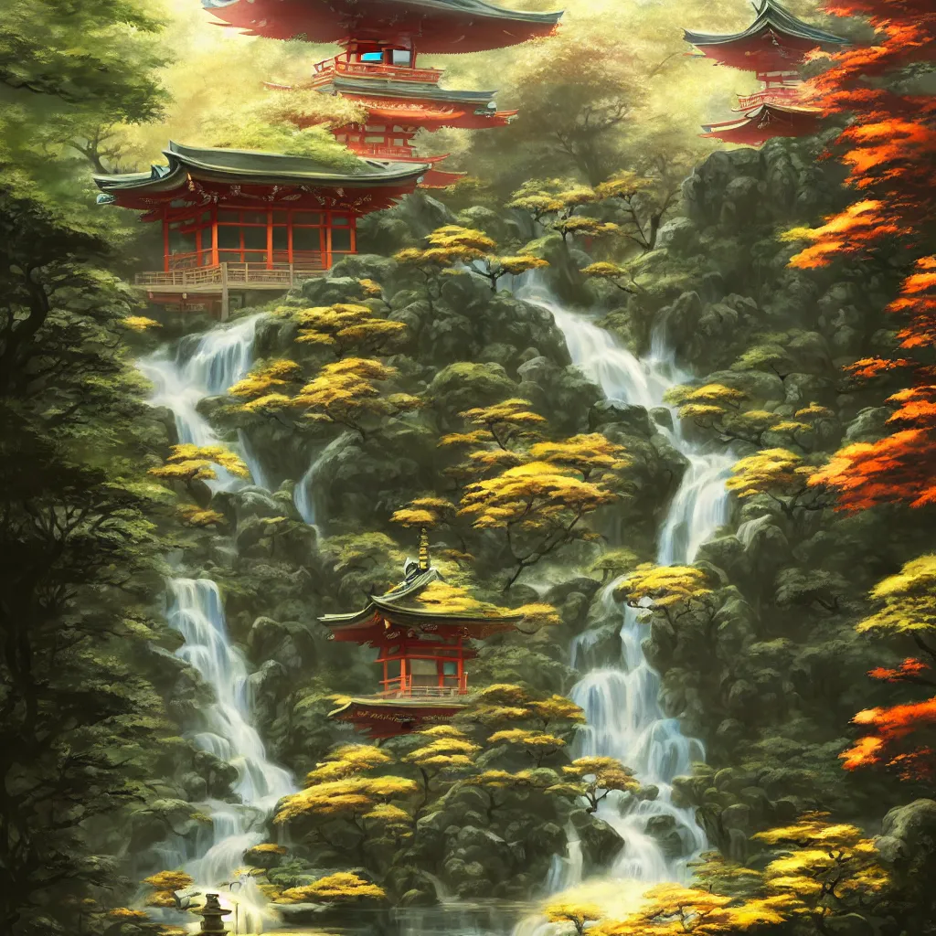 Prompt: A magical Japanese temple garden on a sunny day, dreamy feeling waterfalls, art by Andreas Rocha and greg rutkowski, highly detailed, digital painting, matte painting, concept art, illustration, warm lighting, trending on artstation, very detailed