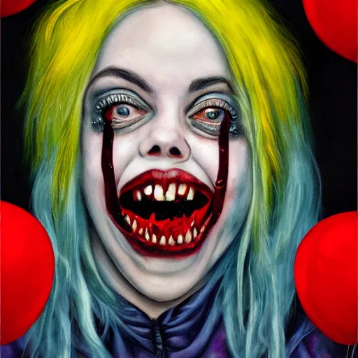 Prompt: grunge painting of billie eilish with her face split down the middle with a wide smile and a red balloon by chris leib, loony toons style, pennywise style, corpse bride style, horror theme, detailed, elegant, intricate