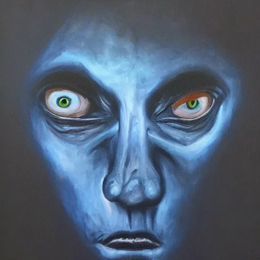 Prompt: A portrait of a humanoid monster that has a big eye for its head, dark, blue light, black gradient background, oil painting