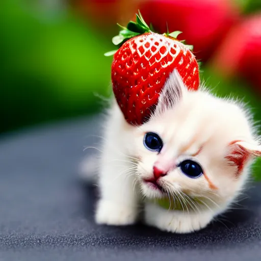 Prompt: macro shot photograph of an extremely tiny baby kitten on top of a strawberry that is bigger than it