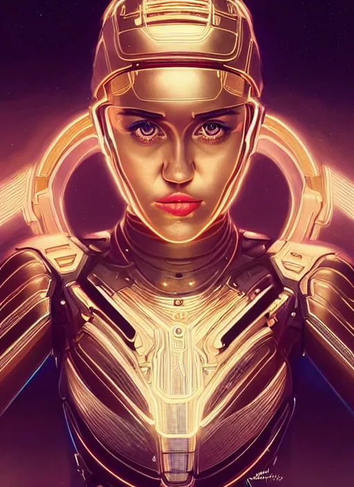 Image similar to symmetry!! portrait of miley cyrus, gold sci - fi armour, tech wear, glowing lights!! sci - fi, intricate, elegant, highly detailed, digital painting, artstation, concept art, smooth, sharp focus, illustration, art by artgerm and greg rutkowski and alphonse mucha