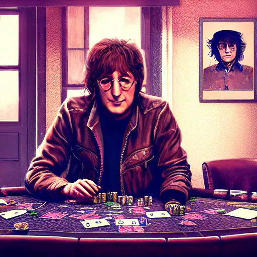 Image similar to john lennon playing poker, hyper detailed, dramatic lighting, cgsociety, realistic, hyper detailed, insane details, intricate, dramatic lighting, hypermaximalist, golden ratio, rule of thirds, octane render, weta digital, micro details, ultra wide angle, artstation trending, 8 k,