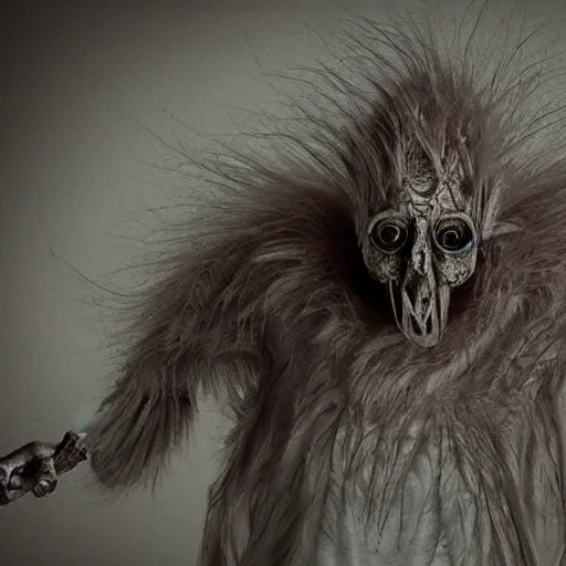 Prompt: a haunting human bird creature with broken limbs, horrifying ultra detailed photograph with dramatic lighting and fur and hair and bones and nightmares