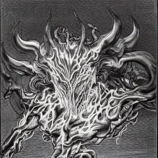 Image similar to full body grayscale drawing by Gustave Dore of horned muscled humanoid demon, engulfed in swirling flames