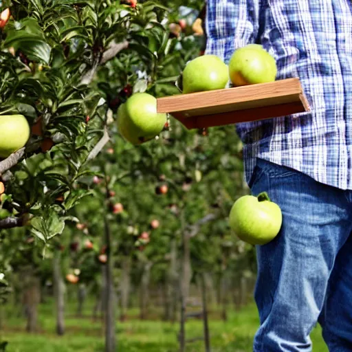 Image similar to a man holding 25 apples in his left hand while standing on a ladder in an orchard