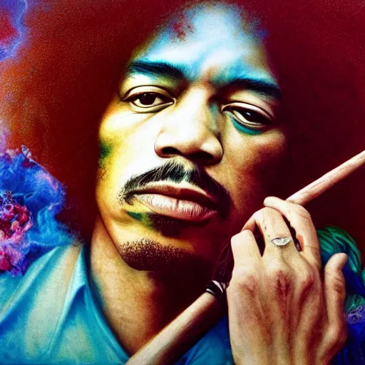 Image similar to colour masterpiece surreal closeup portrait photography jimi hendrix by miho hirano and annie leibovitz and michael cheval, psychedelic smoke background, 8 k