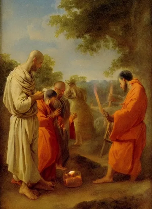 Image similar to elisabeth louise vigee - le brun painting of monks in raising new magical glowing spirit, old master painting,