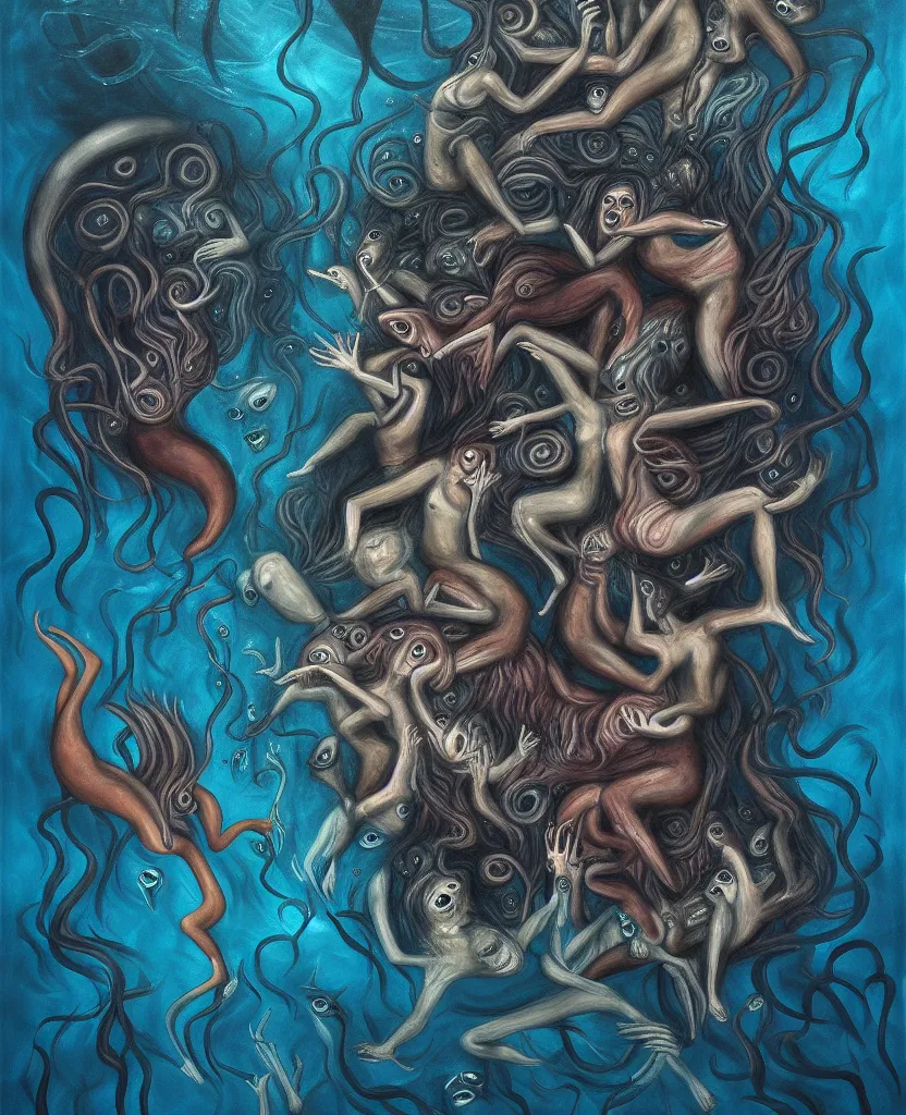 Prompt: wild emotional creatures repressed in the deep sea of unconscious of the psyche, about to rip through and escape in a revolution, painted by ronny khalil