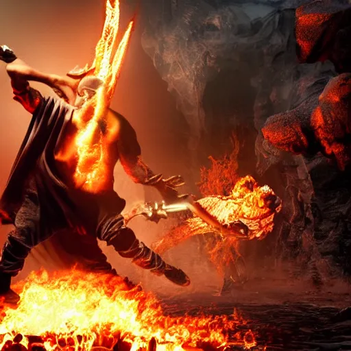 Image similar to kanye west fighting against demons with his golden sword in hell , 8k, hyper realistic, insanely detailed, legendary scene, octane render