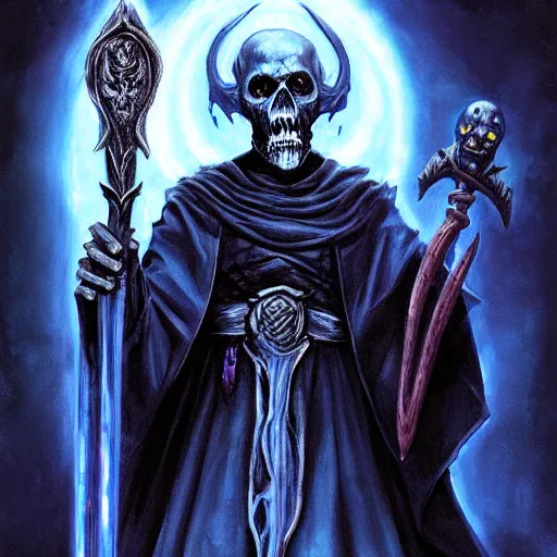 Prompt: undead lich, vecna (d&d) dressed in dark blue robes, fantasy, epic, holding a sacrificial dagger, ruby in left eye socket, portrait painted by raymond swanland