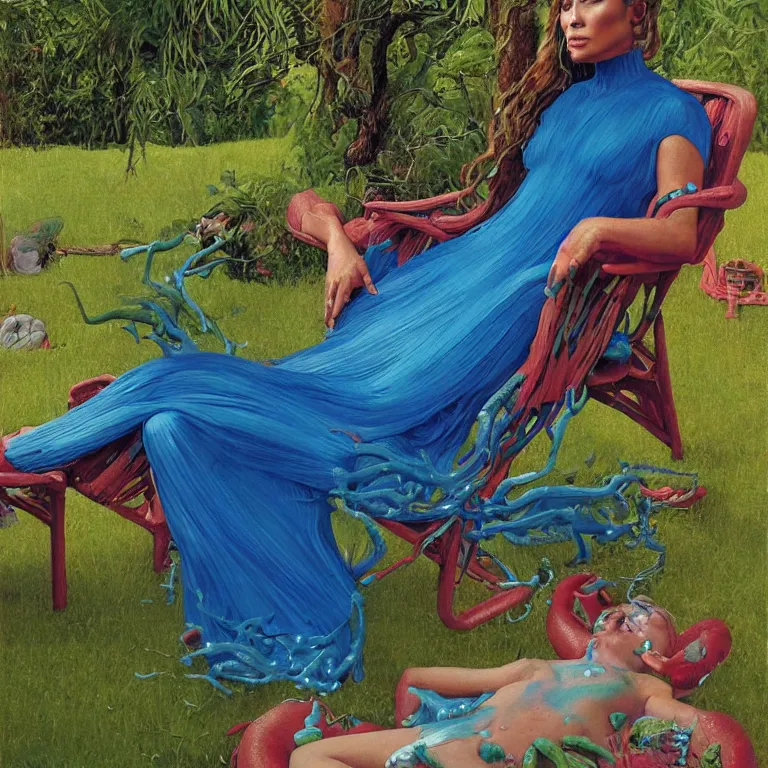 Image similar to Hyperrealistic intensely colored studio Photograph portrait of a deep sea bioluminescent Jennifer Lopez sitting in a lawn chair in her back yard, award-winning portrait oil painting by Norman Rockwell and Zdzisław Beksiński vivid colors high contrast hyperrealism 8k