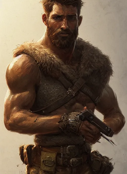 Image similar to portrait of a rugged ranger, muscular, upper body, hairy torso, D&D, fantasy, intricate, elegant, highly detailed, digital painting, artstation, concept art, smooth, sharp focus, illustration, art by greg rutkowski