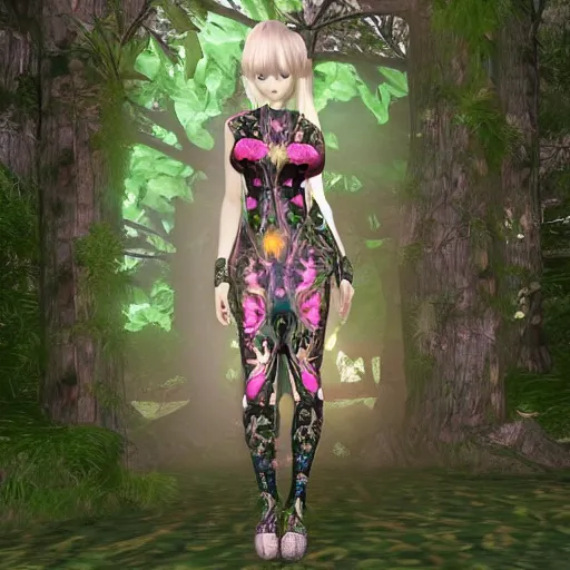 Image similar to cute female forest spirit wearing floral cybernetic valentino resort sheer dress in a 3 d psx ps 2 jrpg style, overgrown esoteric cyber cathedral sanctuary, fashion gameplay screenshot, highly detailed, morning pink gold light