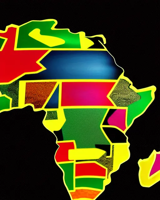 Image similar to a extremely ultra highly detailed hi - res ultra highly detailed colorful logo of africa black backround, zoom out, 8 k, high textures, ultra hyper sharp, insanely detailed and intricate, super detailed, 3 d render, 8 k hdr ultra high quality polygon digital art,