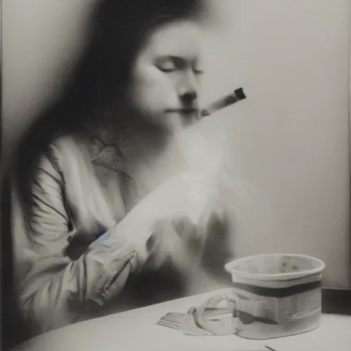 Prompt: overpainted photography portrait of a tired woman smoking a cigarette at a table by gerhard richter, dim light, black and white