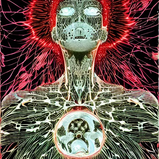 Prompt: shintaro kago yoji shinkawa and victo ngai cellular human body apophasis glorious energy of the sun