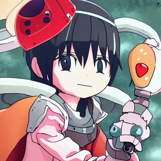 Image similar to cute android with tomato head and a carrot sword, made in abyss style