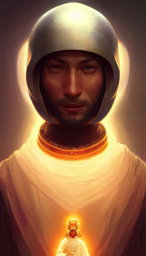 Image similar to full body Character design of a scifi religious monk with helmet, symmetrical, center punched, Archviz, elegant, intricate, digital painting, artstation, concept art, smooth, sharp focus, illustration, art by artgerm and greg rutkowski and alphonse mucha