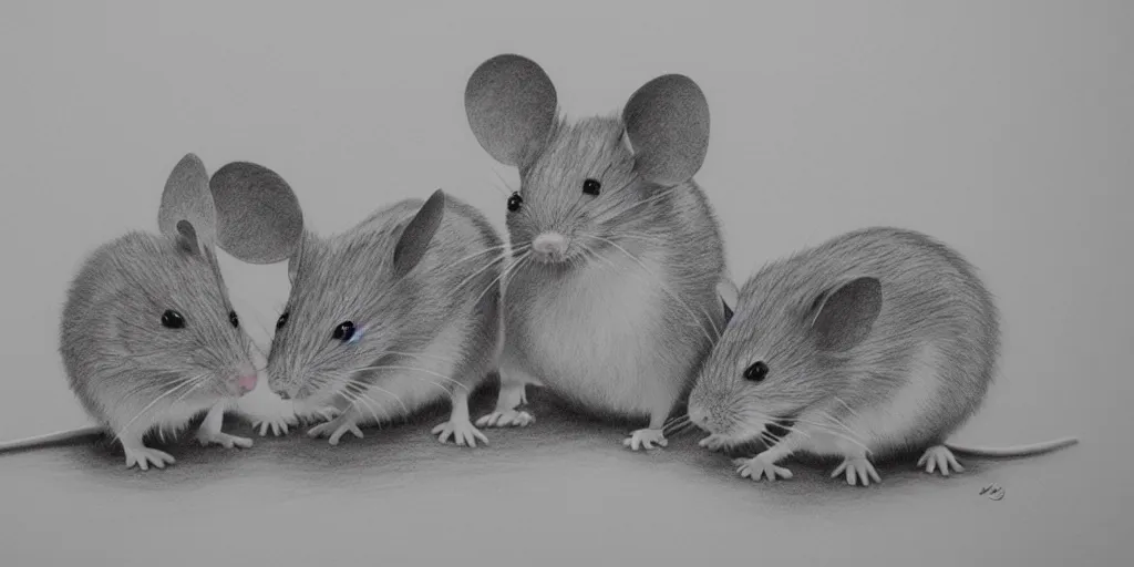 Prompt: a beautiful pencil drawing of exactly three!!!!! cartoon mice; masterpiece; extremely highly detailed; ultra-realistic; trending on artstation
