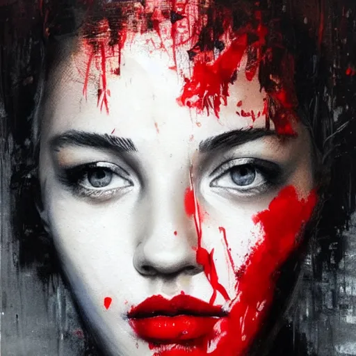 Prompt: portrait of young beautiful woman with two faces covered in red dripping paint, artwork by guy denning and charlie bowater,