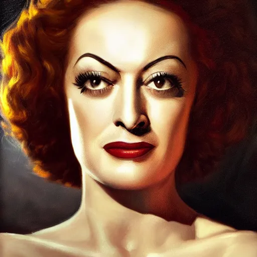 Prompt: high quality oil painting portrait of a young Joan Crawford by Rembrandt and Raymond Swanland, dark background, high fantasy, perfect lighting, 8k, HD