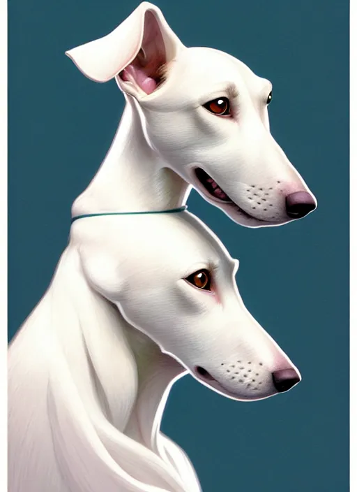 Image similar to cute white greyhound, natural lighting, path traced, highly detailed, high quality, digital painting, by don bluth and ross tran and studio ghibli and alphonse mucha, artgerm