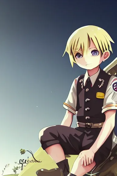 Image similar to beautiful little blonde boy in nazi male uniform posing. made in abyss art style, sharps focus, cute detailed artwork, anatomically correct, soft details, ilya kuvshinov, reflection, perfect composition, wallpaper mobile, illumination, digital art, detailed anime soft face, symmetrical face, western comic, illustration, realistic, nazism, lois van baarle