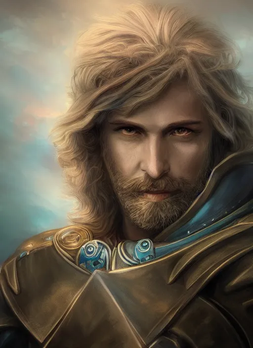 Image similar to an epic fantastic realism comic book style portrait painting of an aasimar paladin, male, shaggy silver hair, short brown beard, steve argyle, charlie bowater, mark brooks, gerald brom, d & d concept art, unreal 5, daz, teal aesthetic, octane render, cosplay, rpg portrait, dynamic lighting