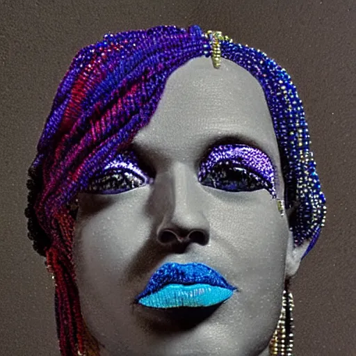 Image similar to A bust of an eccentric pop star made of beads and yarn studio lighting