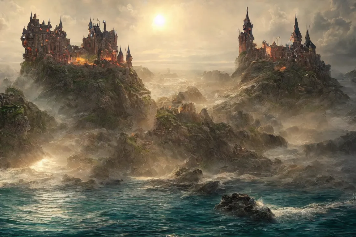 Prompt: an epic fantastic realism painting of a castle city being devoured by the ocean, 8 k, ultra realistic, lens flare, atmosphere, glow, detailed, intricate, full of colour, cinematic lighting, trending on artstation, 4 k, hyperrealistic, focused, extreme details, unreal engine 5, cinematic, masterpiece