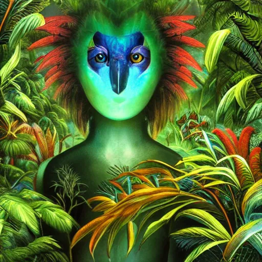 Prompt: mystical folk birdhuman character on a tropical forest, realistic proportions, hyper realism, mystic painting, glitch art, poster art, japanese design