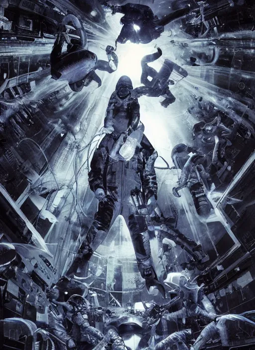 Prompt: astronauts in dark and empty void underwater - complex and dynamic composition. reflection and dispersion materials. rays and dispersion of light. volumetric light. 5 0 mm, f / 3 2. noise film photo. flash photography. ultra realistic, motion blur poster by wayne barlowe, hajime sorayama aaron horkey, craig mullins. dark key.