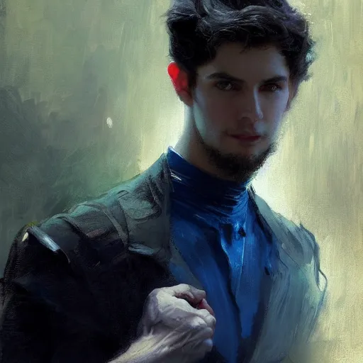 Image similar to detailed cinematic wide shot of beautiful attractive young man black clothes black hair no beard slim face symettrical face clean skin blue eyes black clothes, ultra realistic, spring light, painting by gaston bussiere, craig mullins, j. c. leyendecker