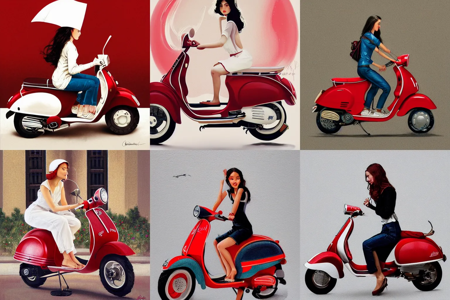 Prompt: a cute young woman and her white and cherry red vespa on white background, intricate, highly detailed, digital painting, artstation, concept art, smooth, sharp focus, illustration, art by norman rockwell, emiliano ponzi, andrey remnev, yoann lossel, aaron jasinski, 8 k