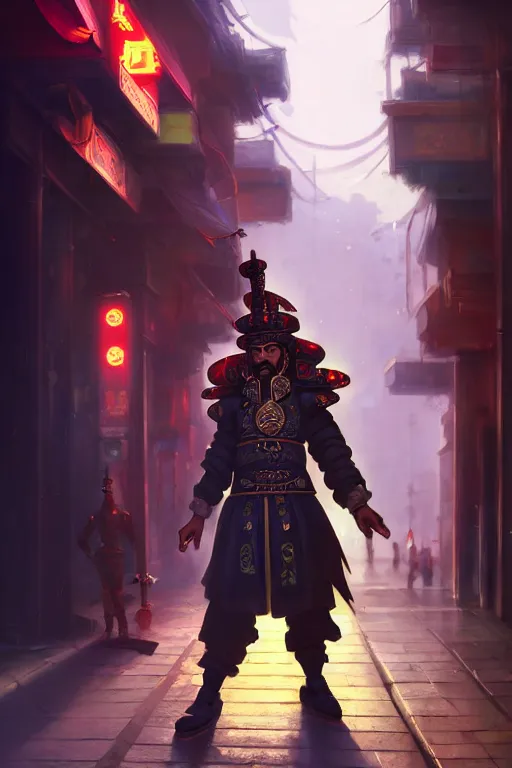 Image similar to a turkish janissary standing on a cyberpunk street, full body, extremely detailed digital painting, in the style of fenghua zhong and ruan jia and jeremy lipking and peter mohrbacher, mystical colors, rim light, beautiful lighting, 8 k, stunning scene, raytracing, octane, trending on artstation