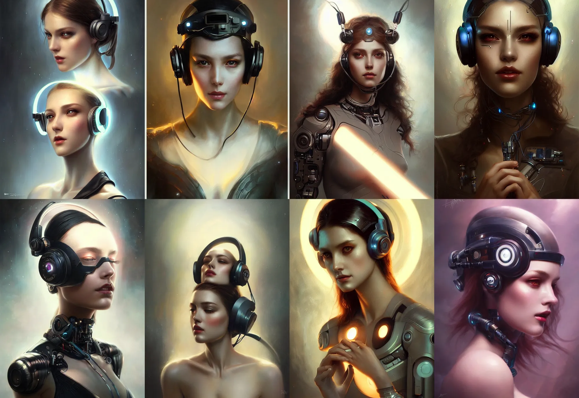 Image similar to a beautiful woman wearing a cybernetic headset, painted by artgerm and tom bagshaw, fantasy art, dramatic lighting, highly detailed oil painting