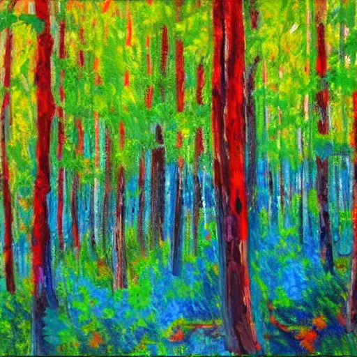 Prompt: a forest with green, blue, red tree trunks. acrylic of canvas, impressionist painting