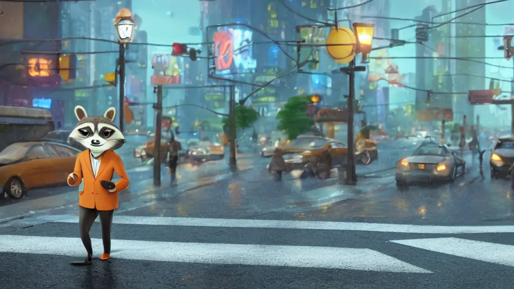 Image similar to A cute anthropomorphic raccoon businessman is walking down a busy crosswalk at in the rain at night, warm lighting with an orange glow blanketing the cityscape from the city lights, zootopia, other anthropomorphic characters are walking by him, extremely detailed, HDR, sideview, solemn and moody, many cars and animal people in the background, detailed face and eyes, large eyes with visible pupils, the road is wet with many rain puddles, reflections from the water on the ground, he is carrying a black briefcase