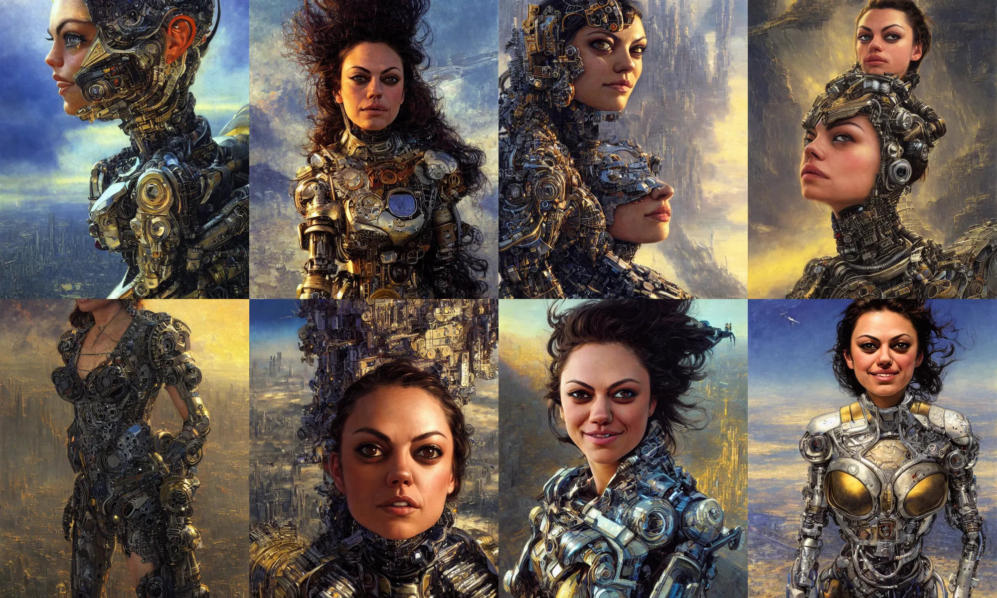 Image similar to close - up portrait of epic young mila kunis smiling into camera, intricate cyborg armor, vista of futuristic city, windy, golden hour, wlop, by gerald brom, by mikhail vrubel, by peter elson, muted colors, extreme detail, trending on artstation